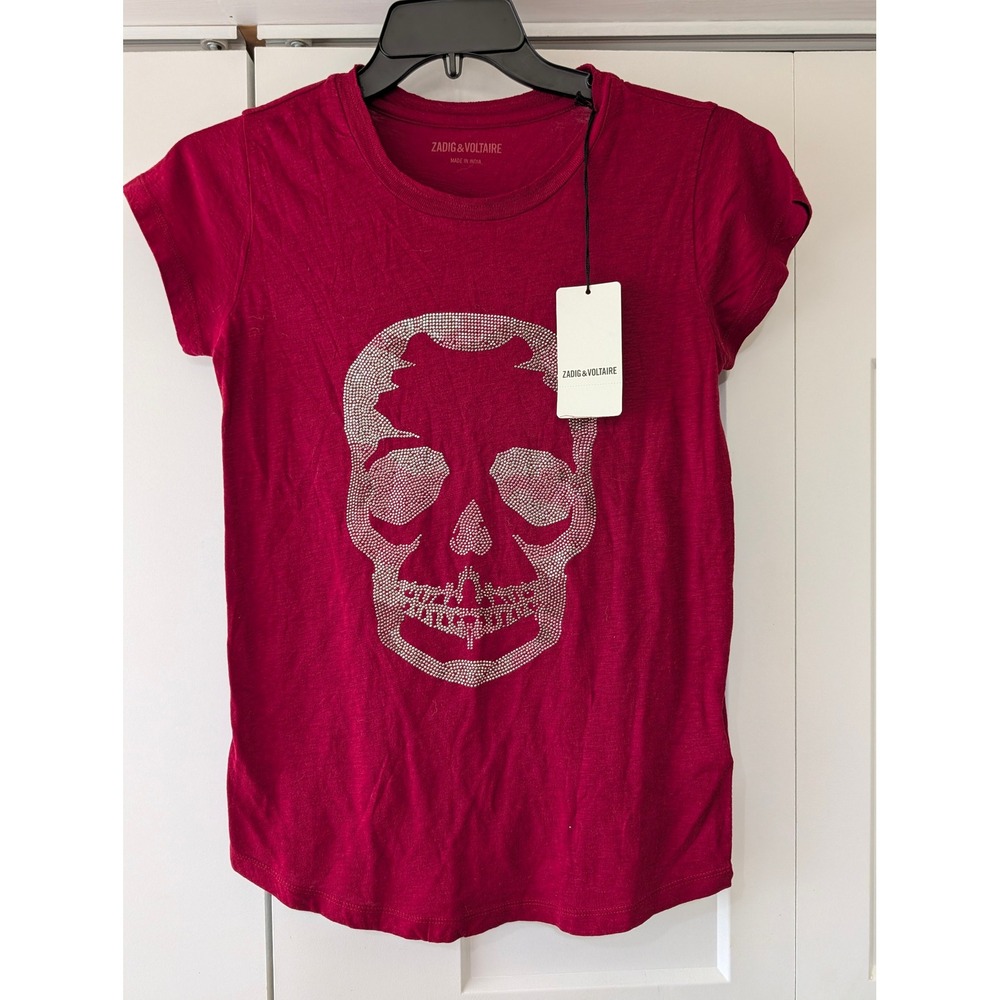 Zadig & Voltaire Skinny Camo Skull Strass Tee Wine Red Rhinestone M JWTS00521